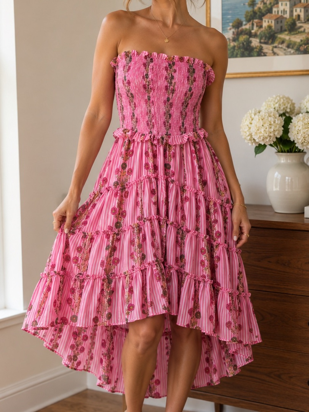 Free People Alejandra Midi Dress Pink Floral Smocked Tiered Boho Medium